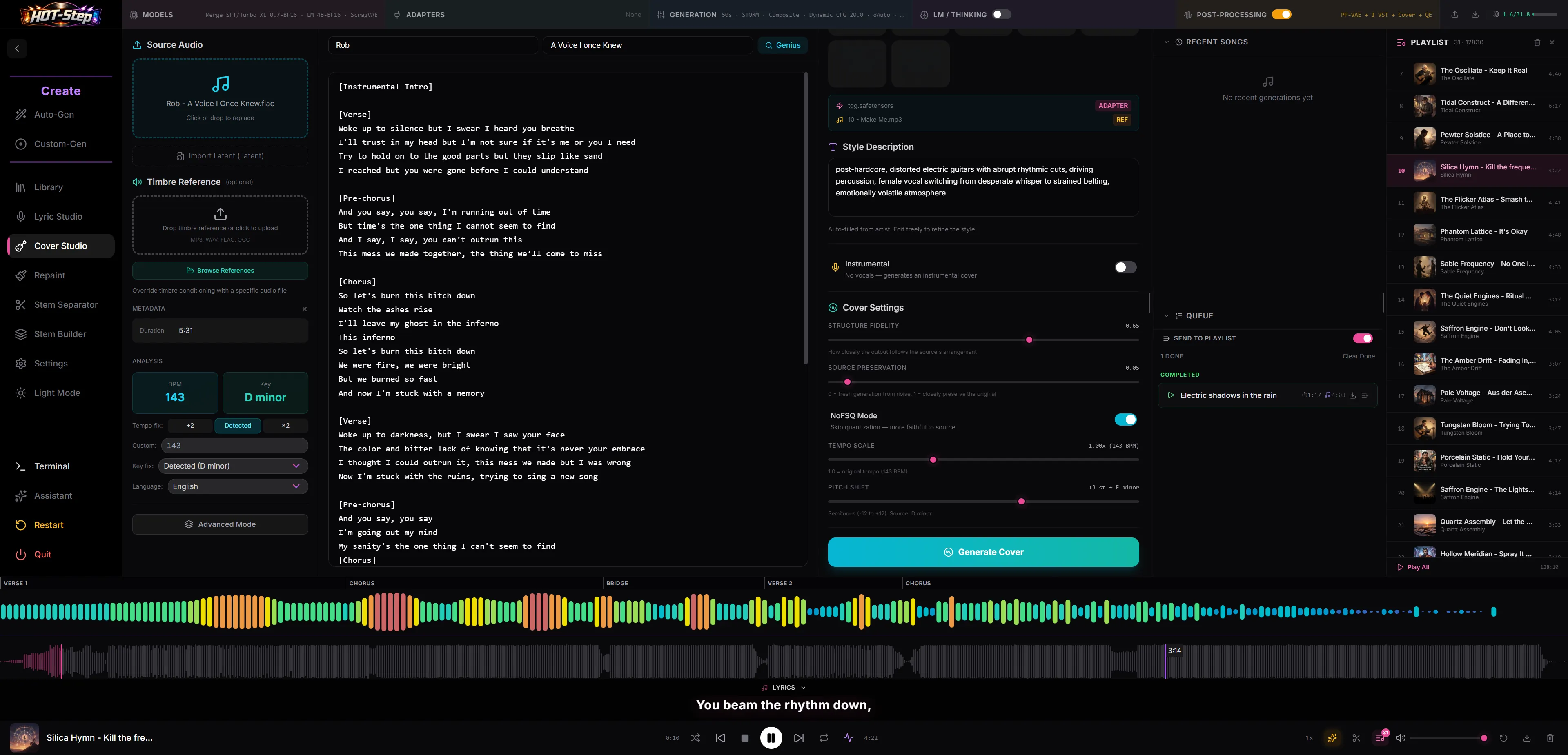 Cover Studio — reference track analysis with BPM/key detection, style matching, and cover generation controls