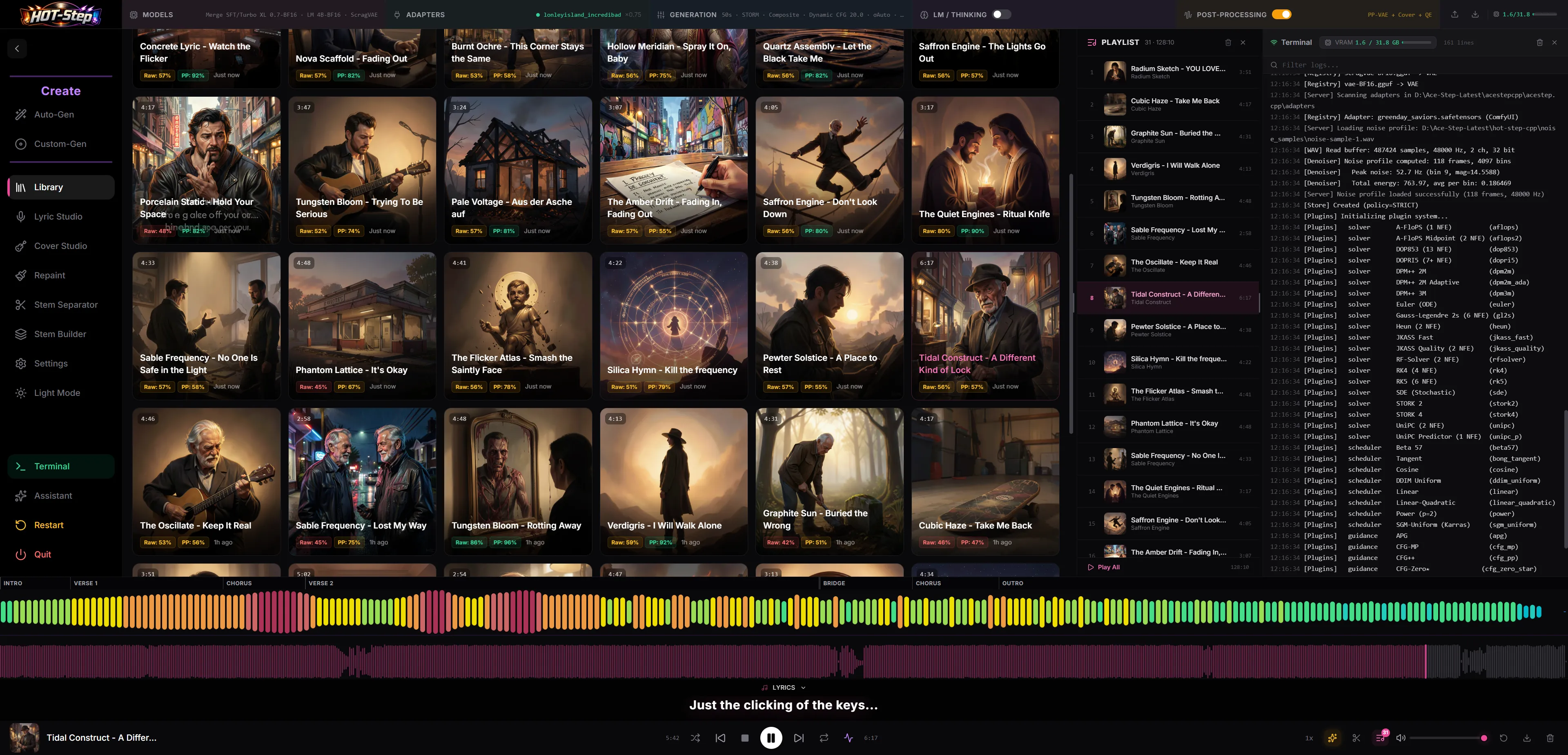 Library — song grid with AI cover art, playlist sidebar, waveform visualizer, and synced lyrics playback