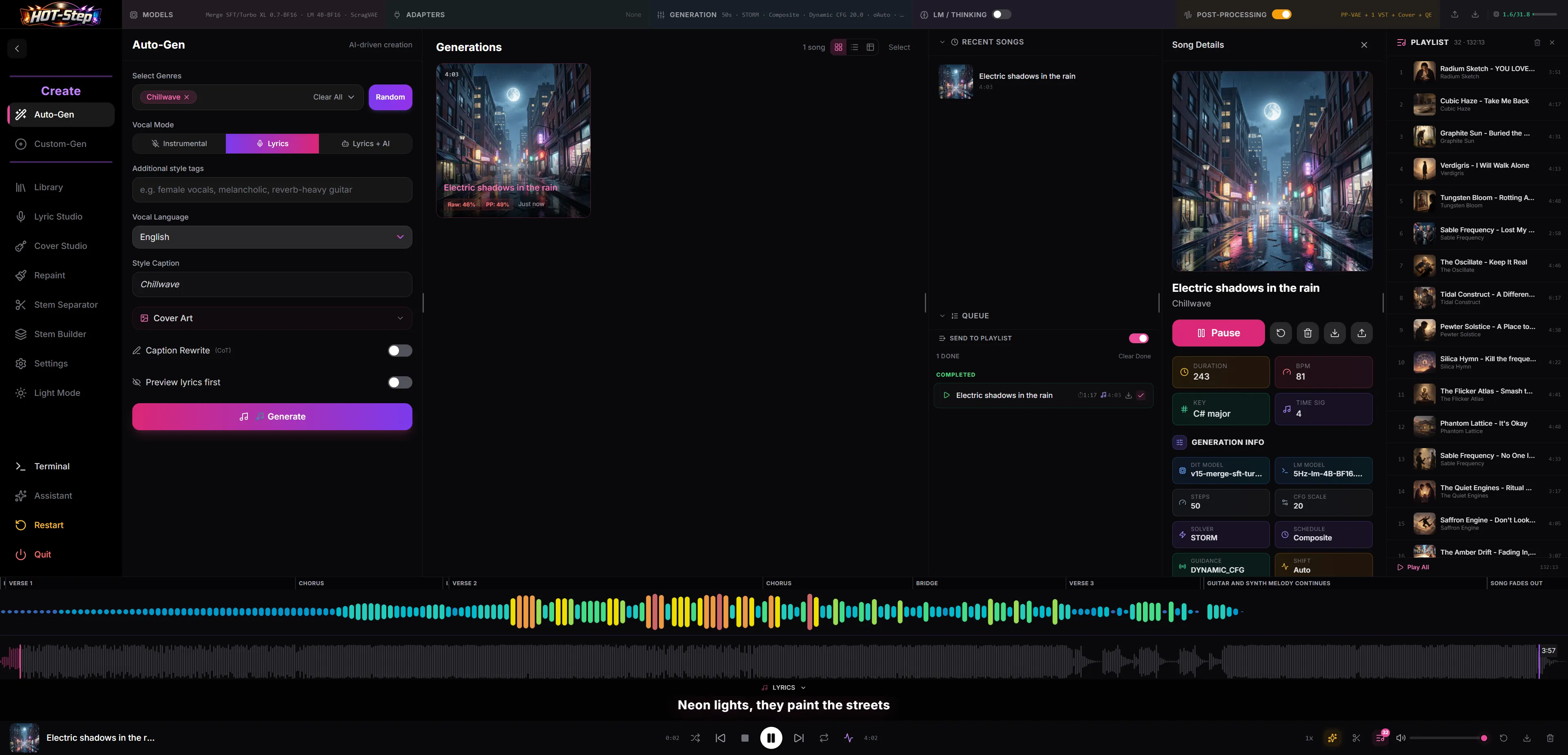 Auto-Gen — AI-driven song creation with genre picker, generation queue, and detailed song parameter panel