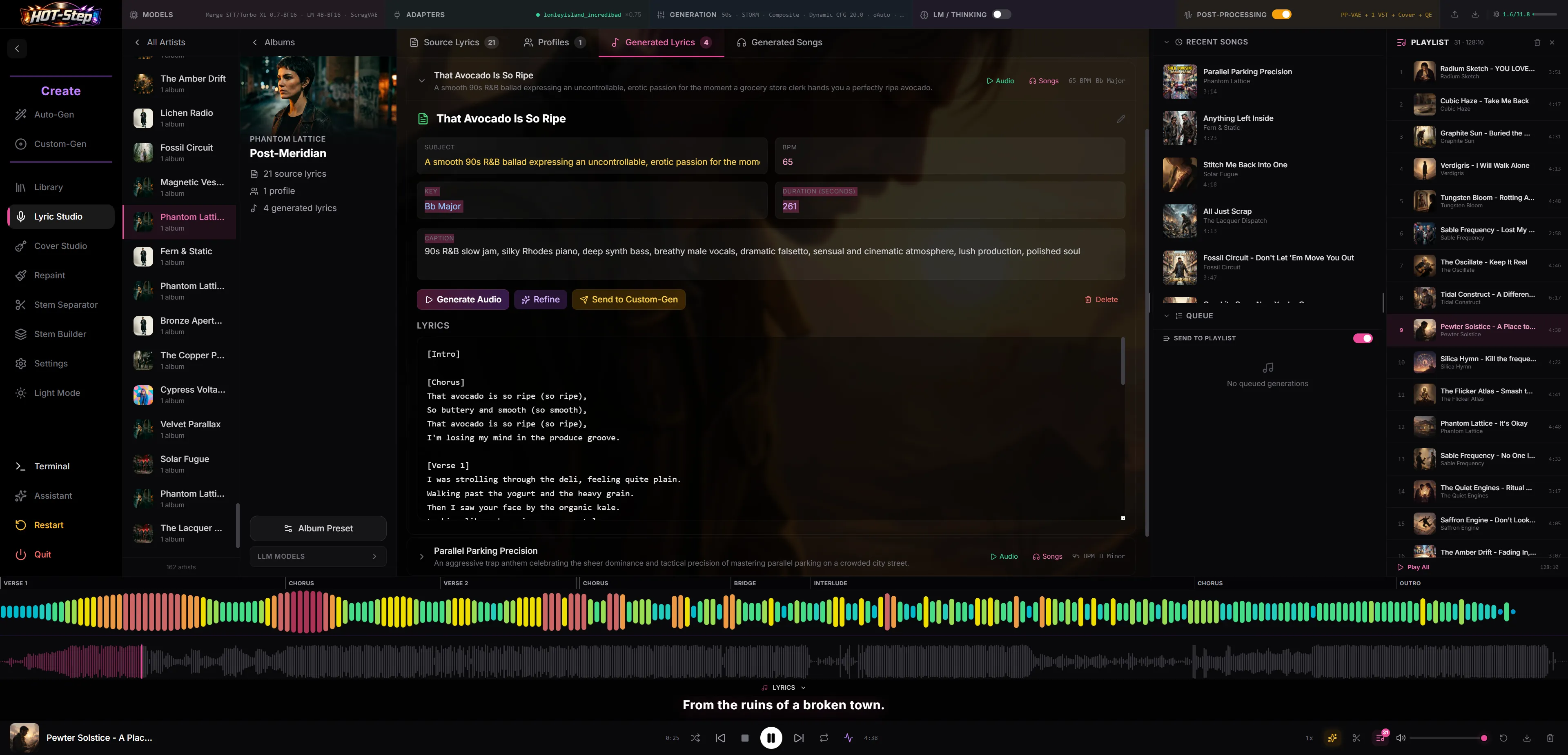 Lyric Studio — artist browser, AI-generated lyrics editor with section tags, and generation queue