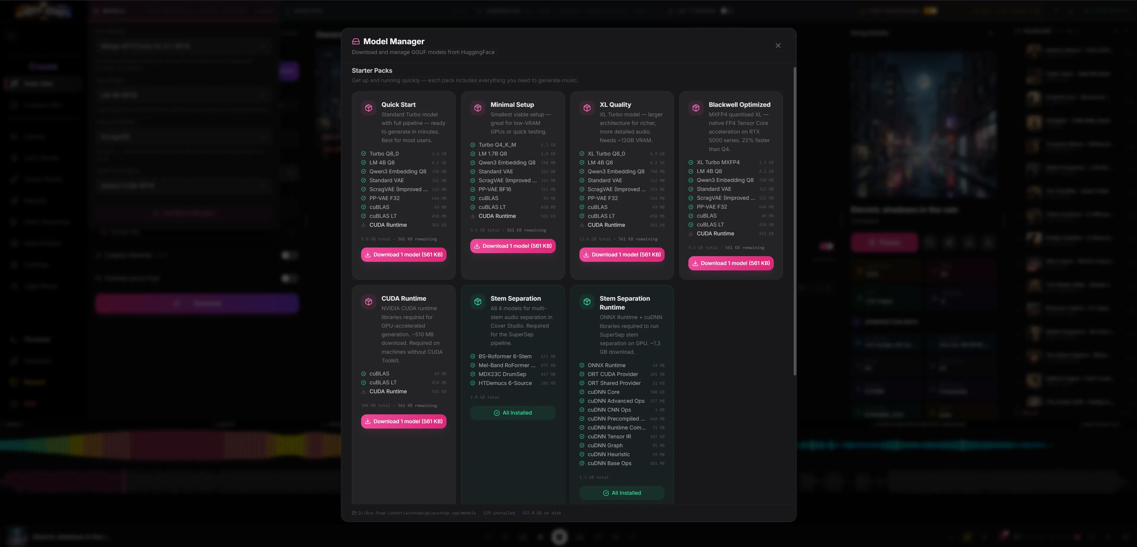 Model Manager — starter packs, individual model downloads, and runtime dependency management